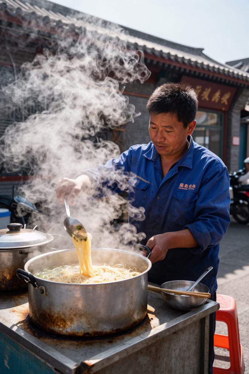 Beijing Street Vendor Serving Hot Noodles Under Harsh Noon Sun in 1960s China in in Beijing, China