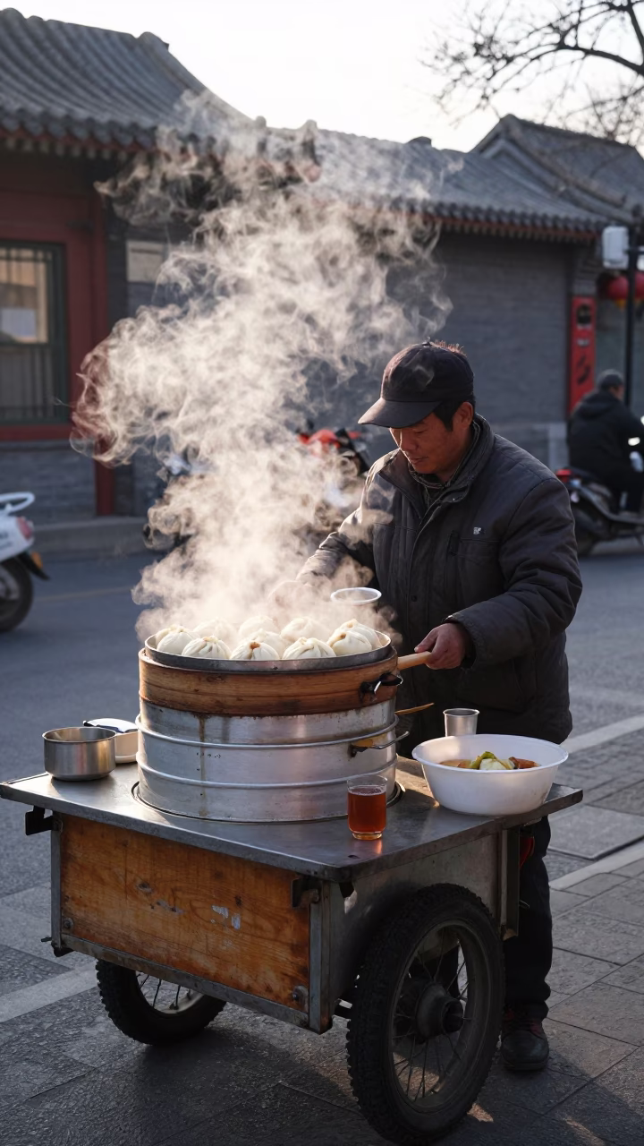 Beijing street vendor serving hot steamed buns with tea spoon after sunrise in in Beijing, China