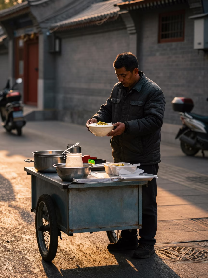 Beijing Street Vendor Serving Kheer Sagar with Pistachios in Honeyed Evening Light in in Beijing, China