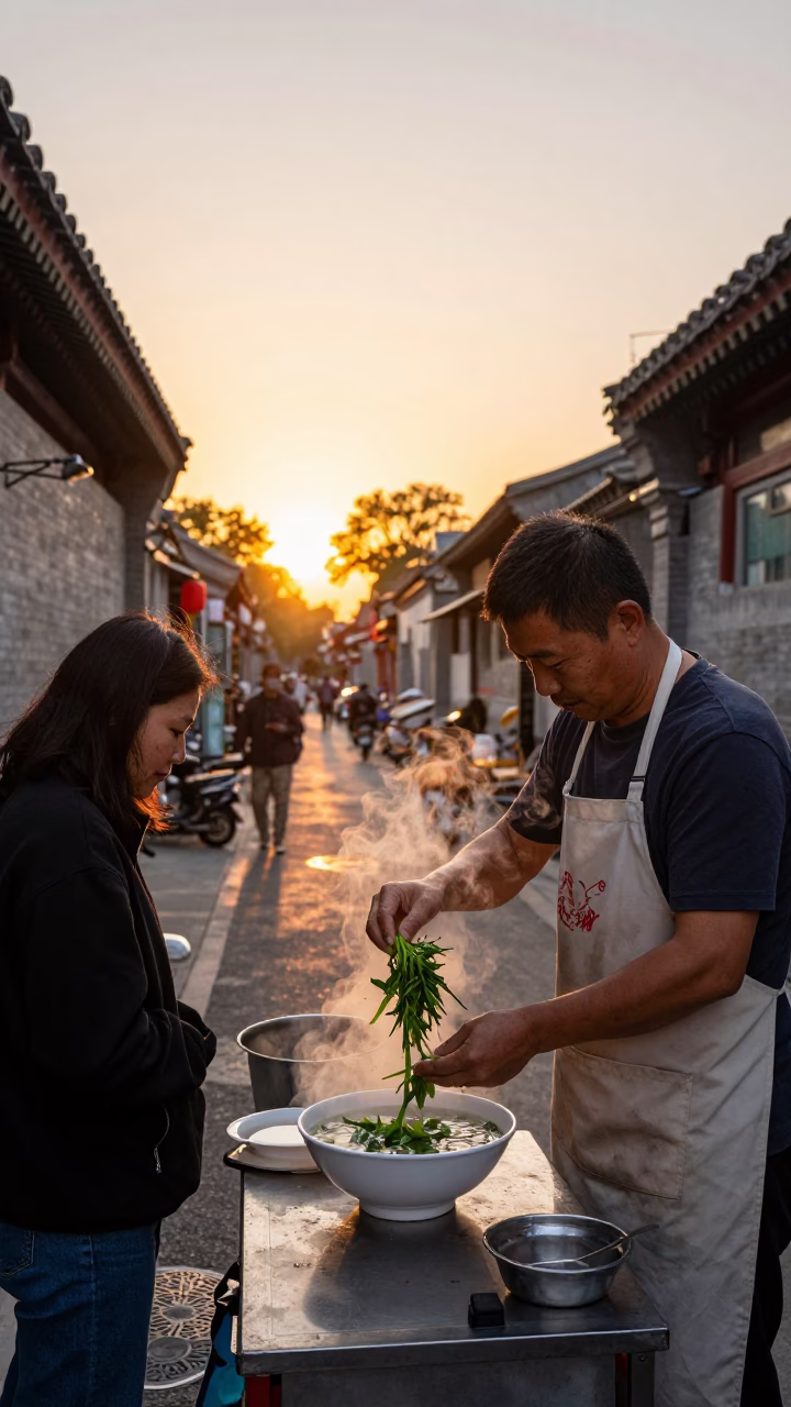 Beijing Street Vendor Sunset Scene with Bowl of Pho and Local Interaction in in Beijing, China