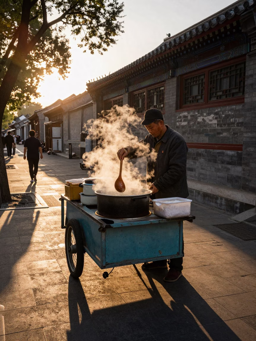 Beijing Street Vendor Sunset Scene with Wooden Spoon and Urban Life in in Beijing, China