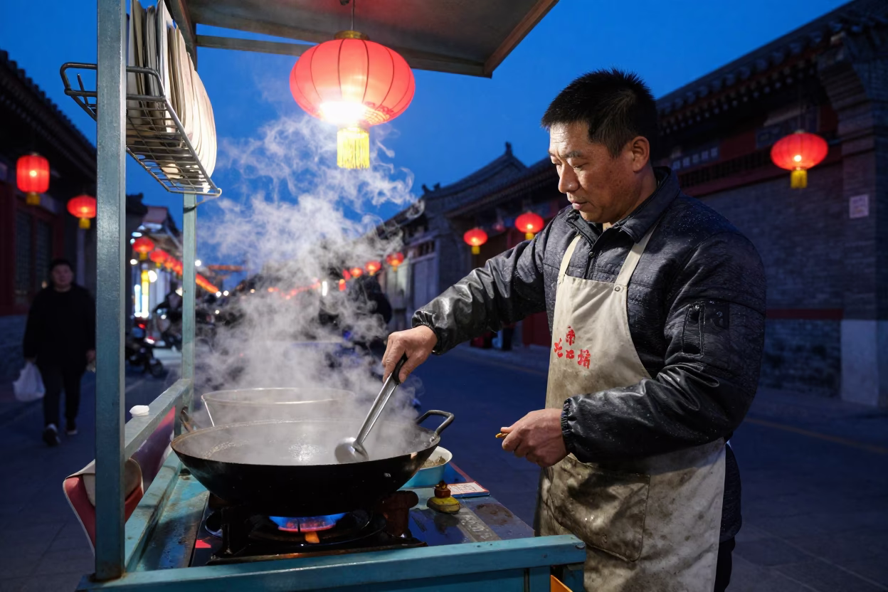 Beijing Street Vendor Twilight Scene with Dish Rack and Adjustable Spanner in in Beijing, China