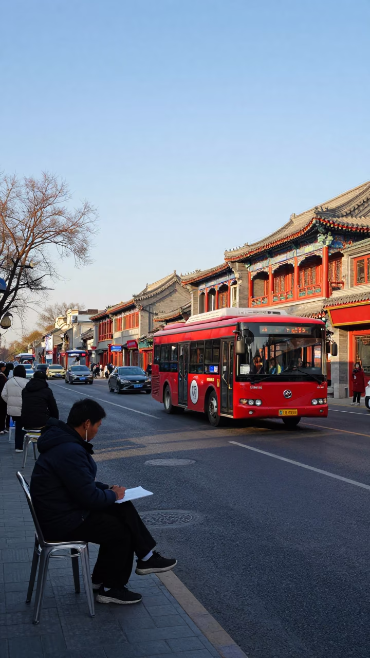 Beijing street vendors and classic red buses in late afternoon light in in Beijing, China