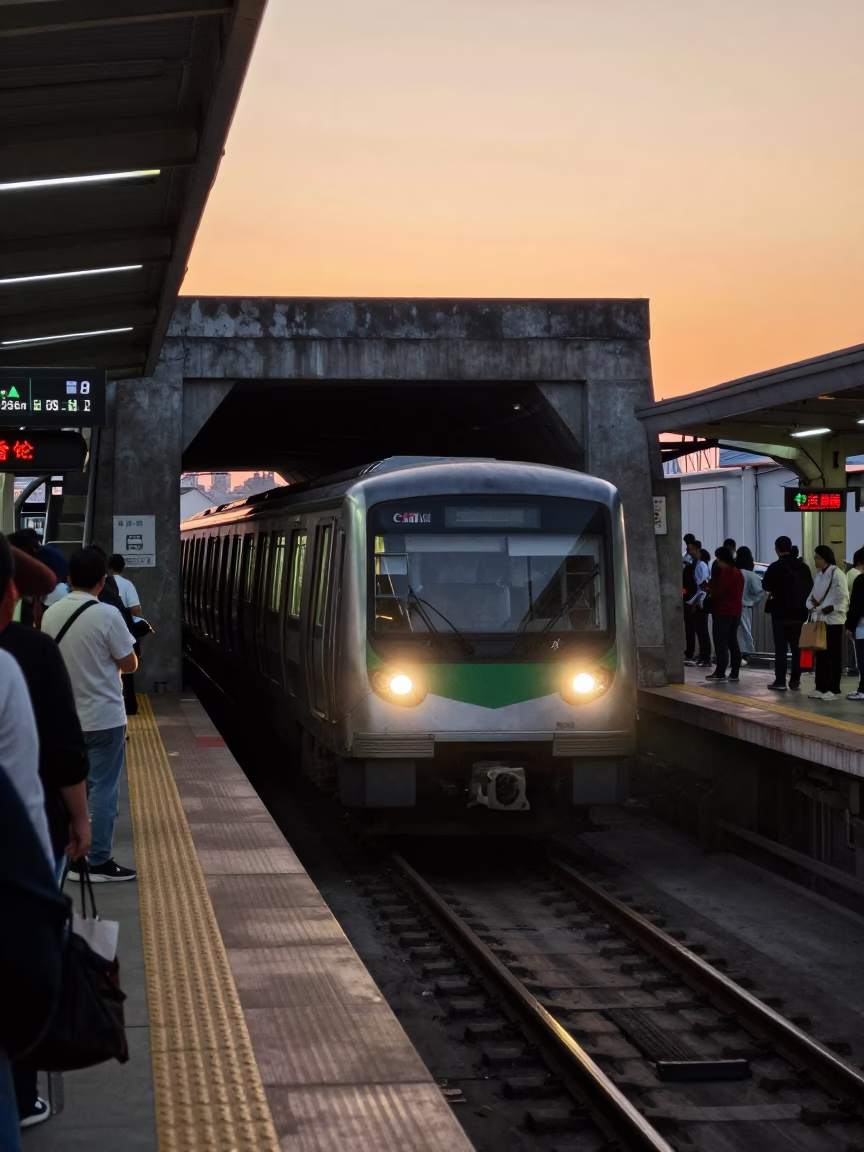 Beijing Subway Metro Train Emerging from Tunnel into Sunset Light in in Beijing, China