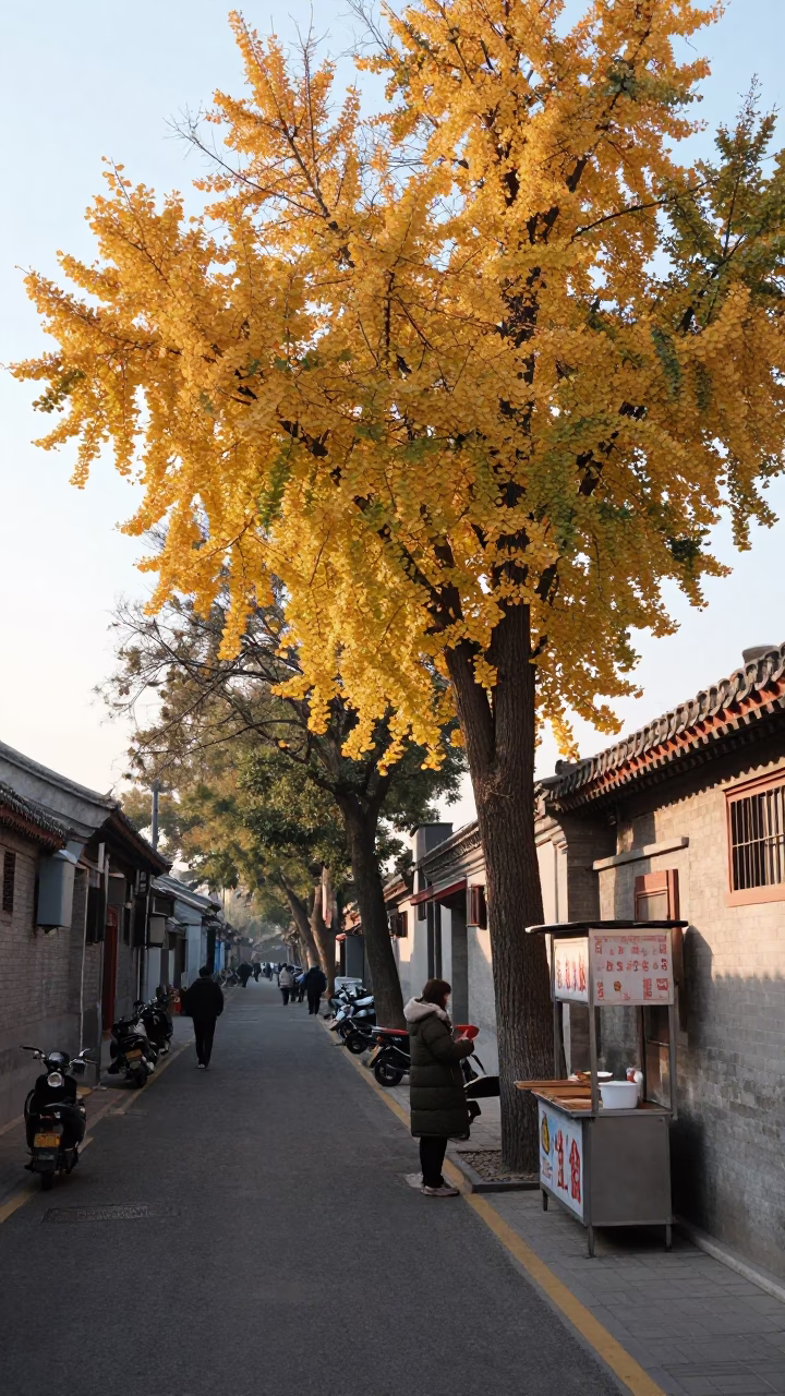 Beijing Sunrise Street Scene with Ginkgo Tree and Traditional Architecture in in Beijing, China
