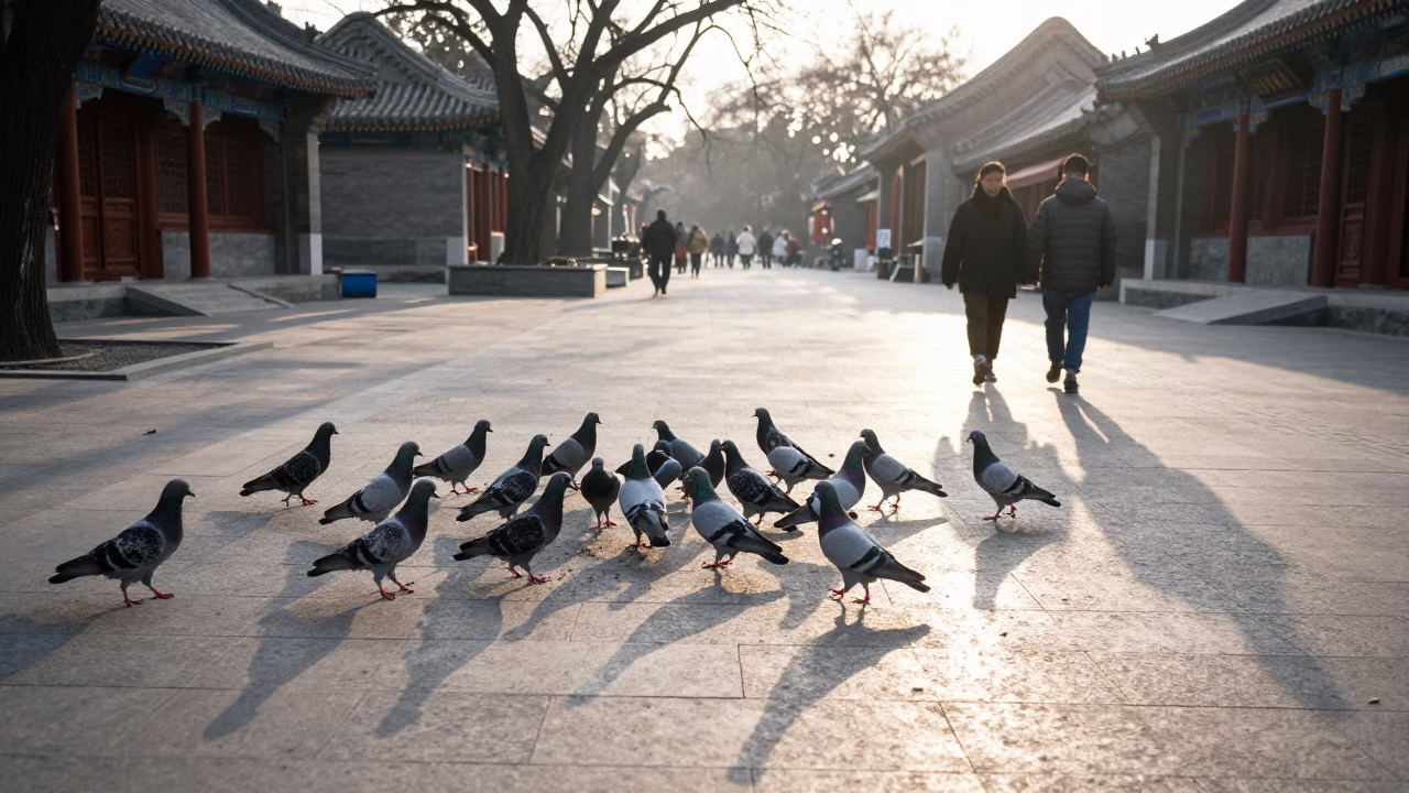 Beijing Sunrise Street Scene with Pigeons and Walking Couple in in Beijing, China