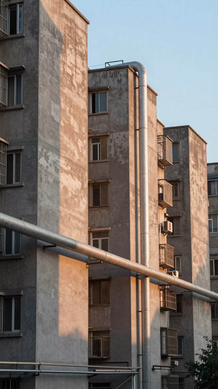 Beijing Sunset District Heating Pipes Between Concrete Apartment Blocks Evening Light in in Beijing, China