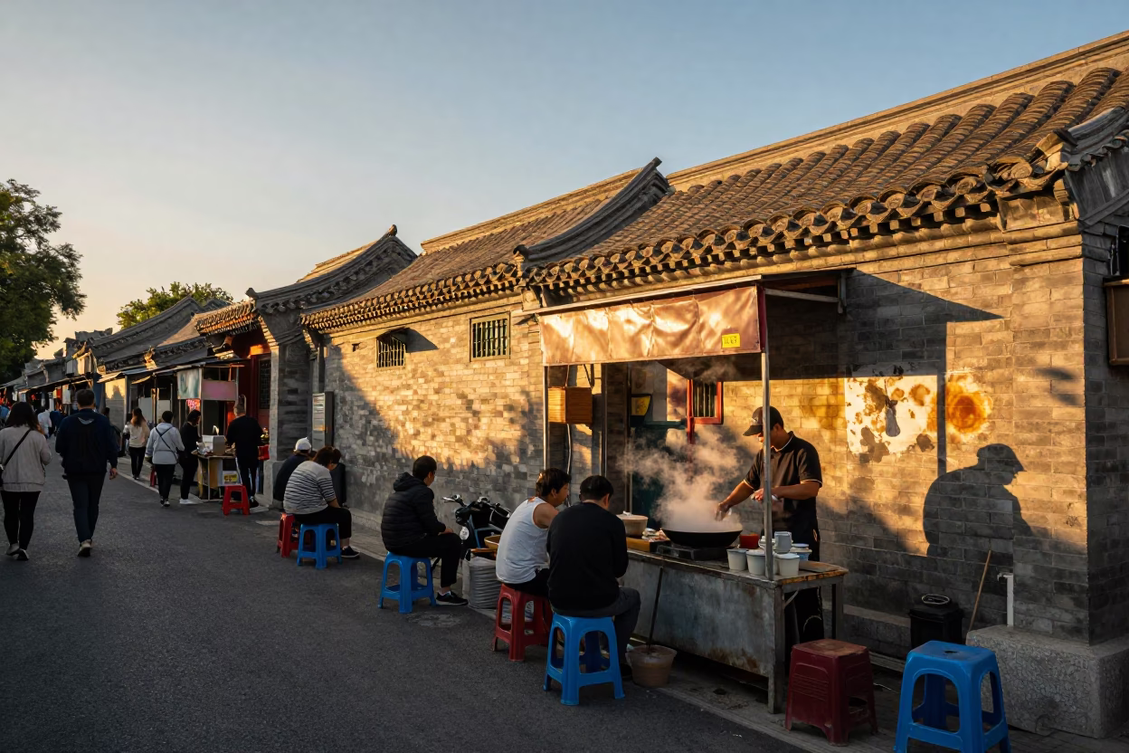 Beijing Sunset Street Food Scene with Tea Stains and Taper Candles in in Beijing, China