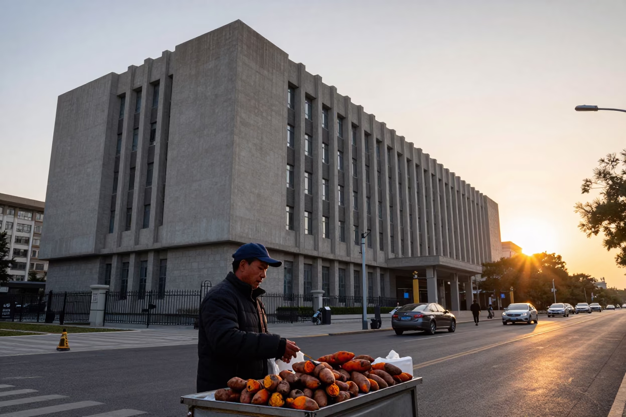 Beijing Sunset Street Scene with Brutalist University Building and Local Life in in Beijing, China