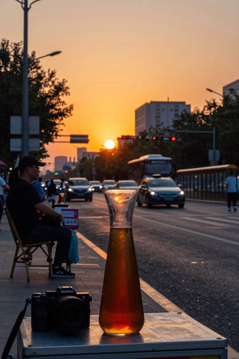 Beijing Sunset Street Scene with Glass Carafe and Commuter Train in Background in in Beijing, China