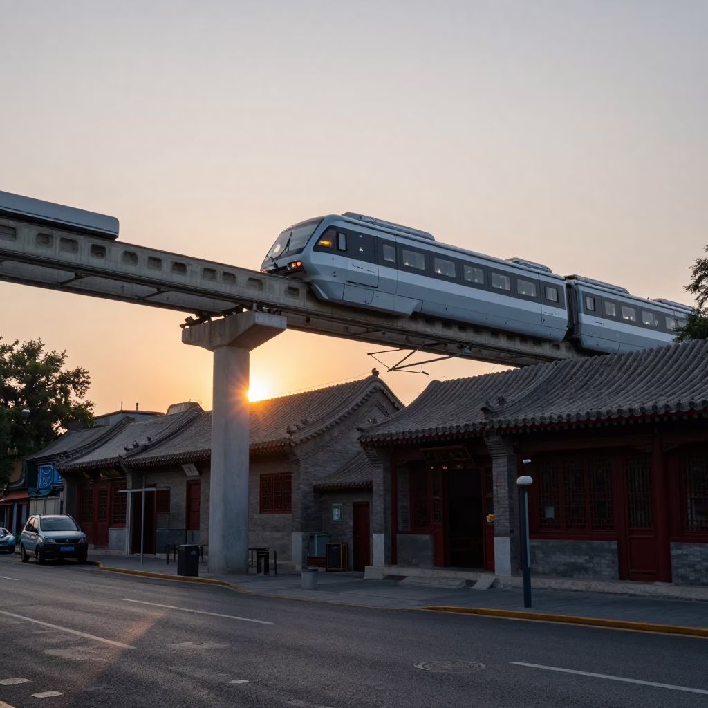 Beijing Sunset Street Scene with Monorail Overhead and Traditional Courtyard Life in in Beijing, China