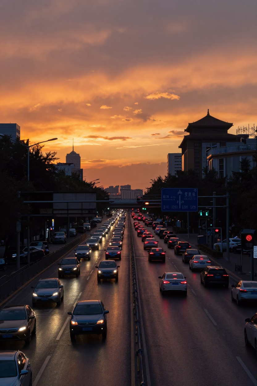 Beijing Sunset Street Scene with Overpass Interchange Glowing with Taillights After Rain in in Beijing, China