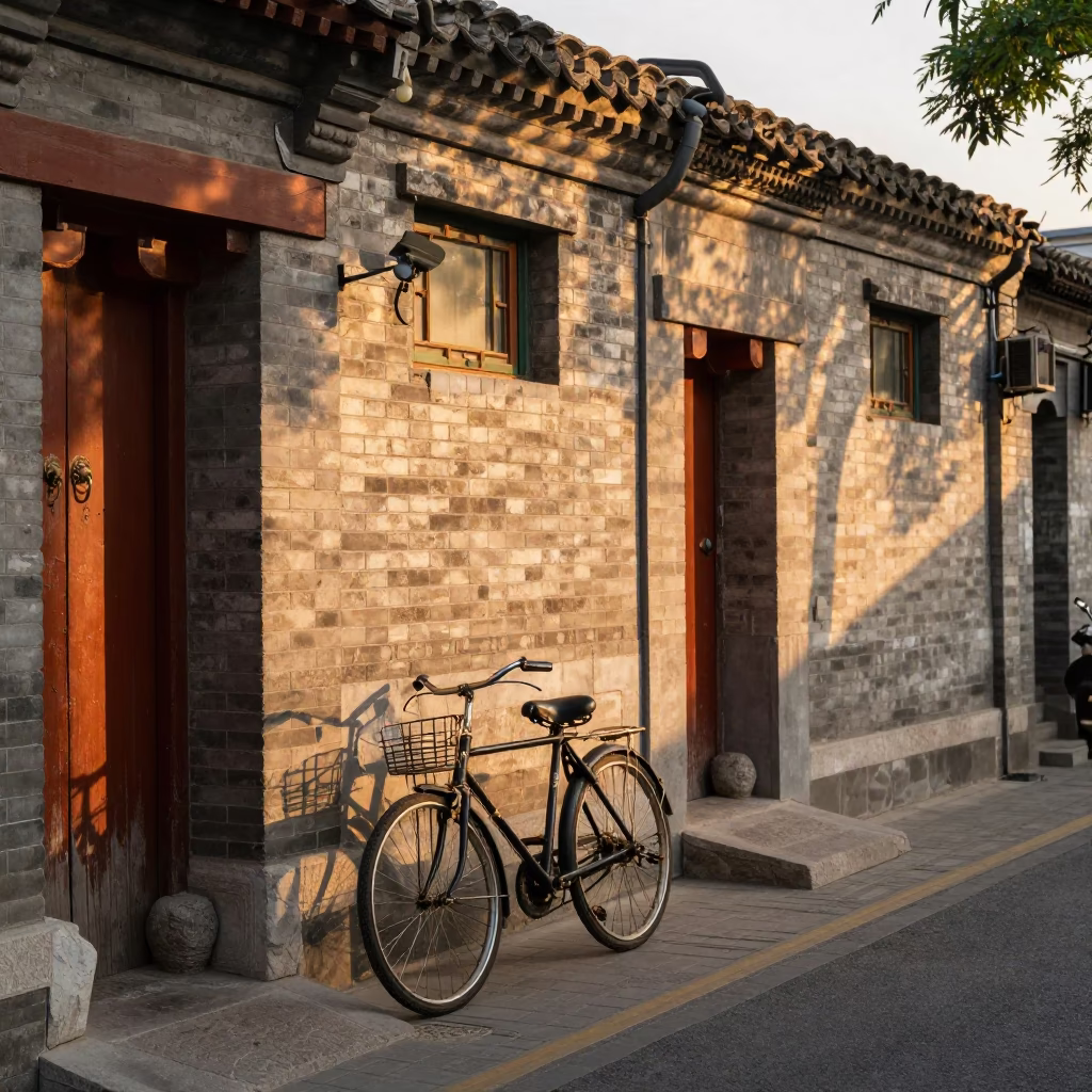 Beijing Sunset Street Scene with Vintage Bicycle and Traditional Architecture in in Beijing, China