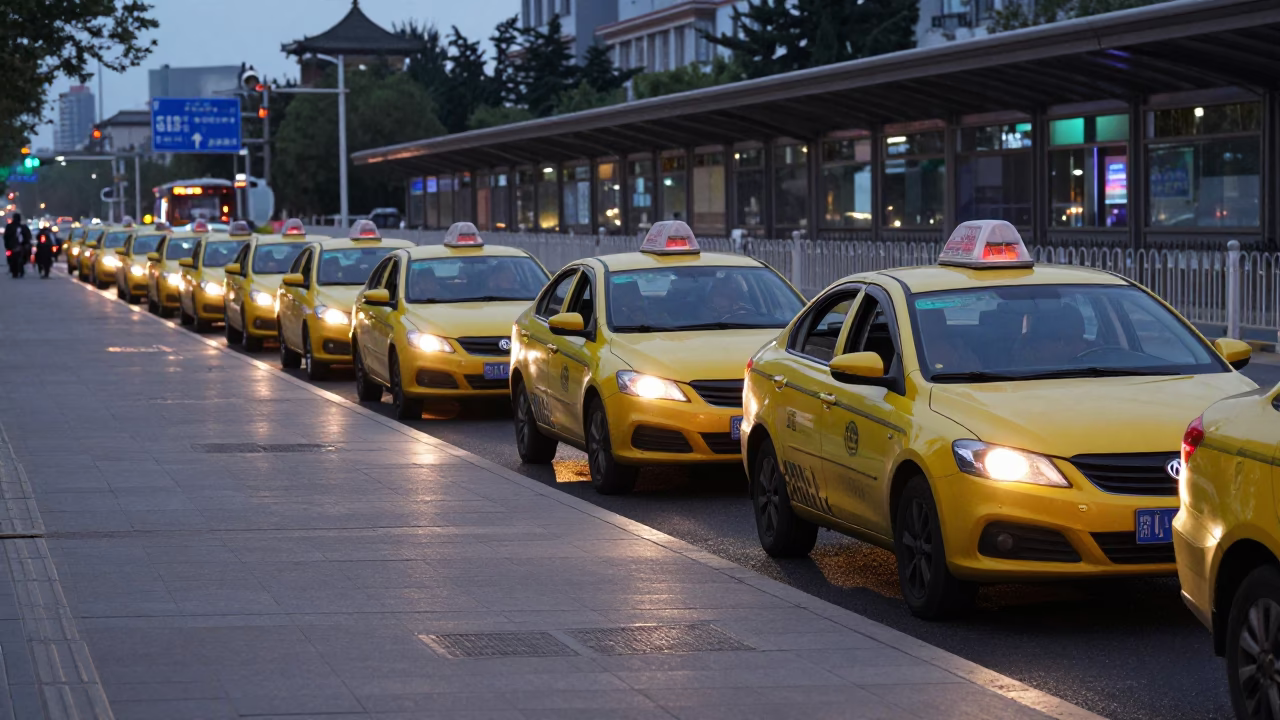 Beijing Taxi Rank Outside Train Station at Twilight with Blue Hour Lighting in in Beijing, China