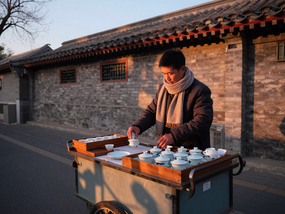 Beijing Tea Seller at Copper-toned Light Before Dusk in in Beijing, China