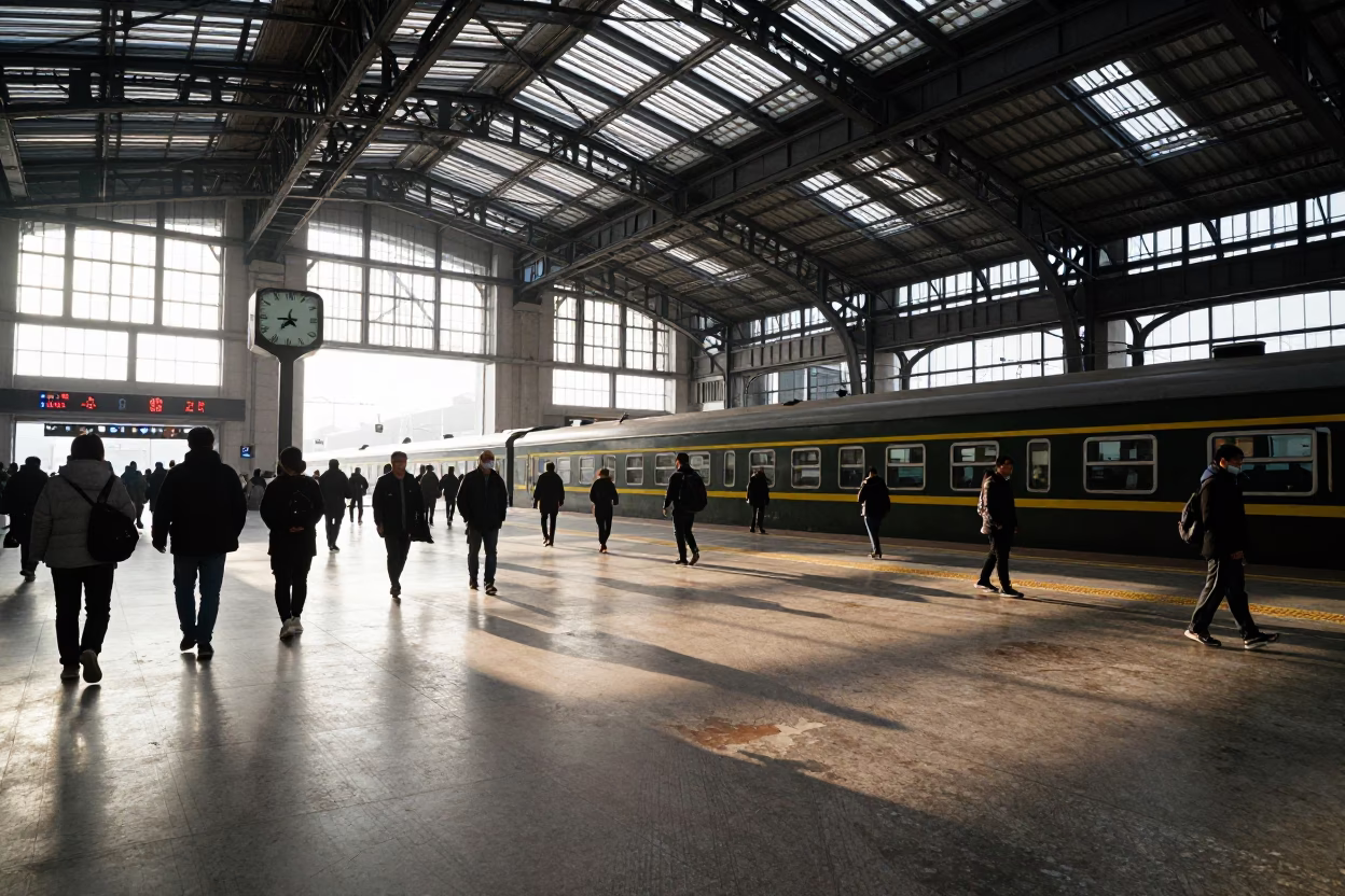 Beijing Train Station Late Afternoon Scene with Clock and Vaulted Iron Roof in in Beijing, China