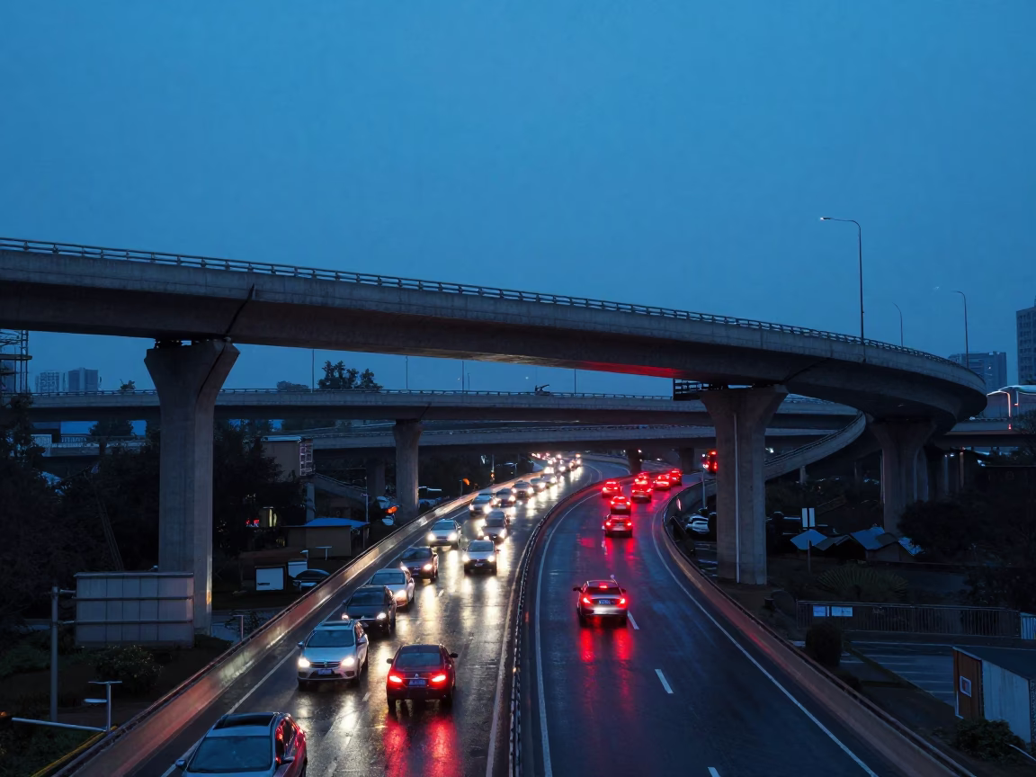 Beijing Twilight Overpass Interchange Glowing with Red Taillights After Rain in in Beijing, China