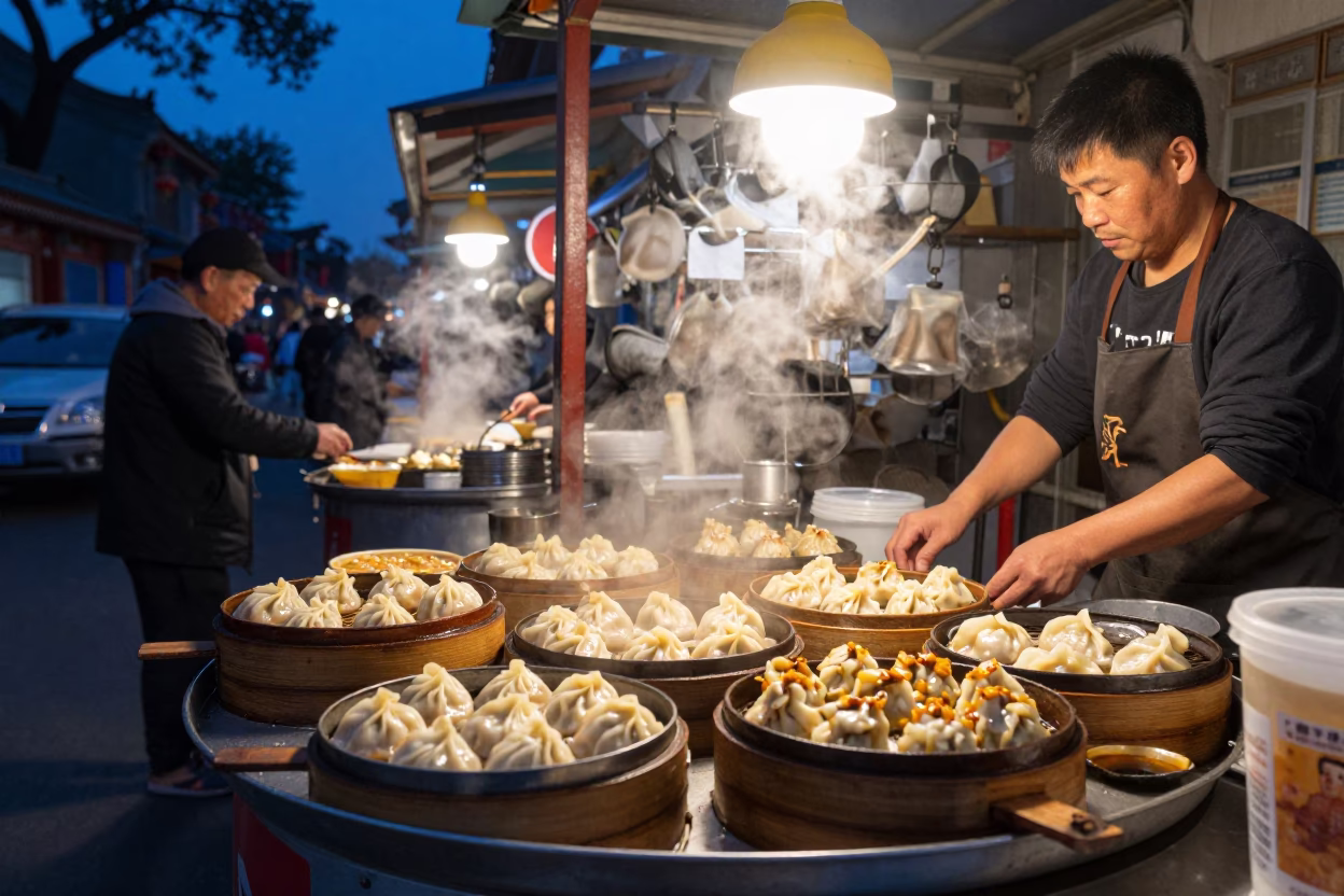 Beijing Twilight Street Scene with Dim Sum and Congeal Food Vendors Near Temple in in Beijing, China