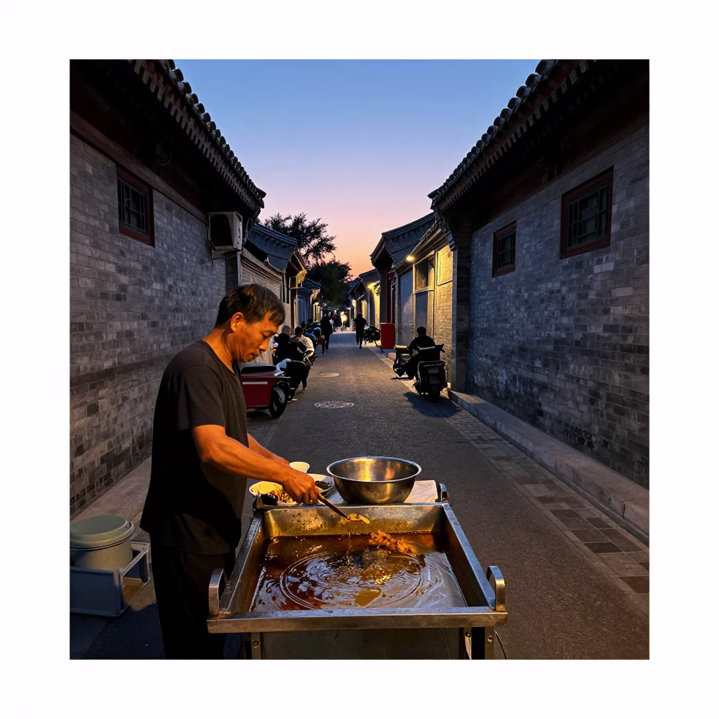Beijing Twilight Street Scene with Grease Sheen on Basin and Chess Clock in in Beijing, China