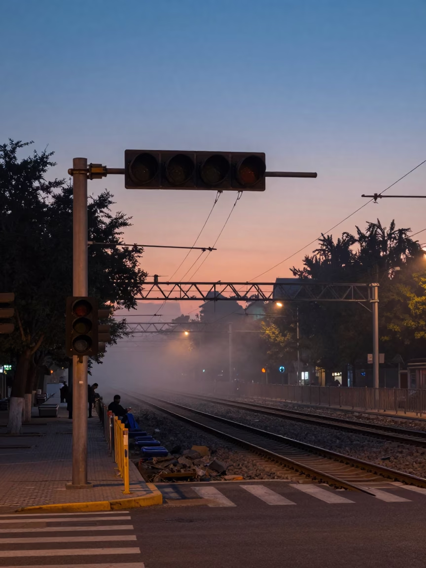 Beijing Twilight Street Scene with Signal Gantry and Misty Rail Lines in in Beijing, China