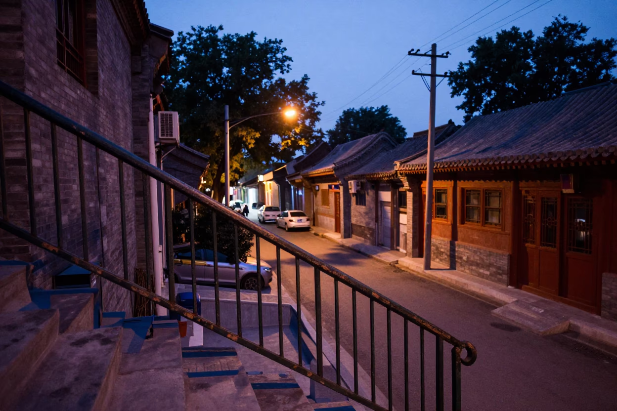 Beijing Twilight Street Scene with Stair Rail and Urban Life in China in in Beijing, China