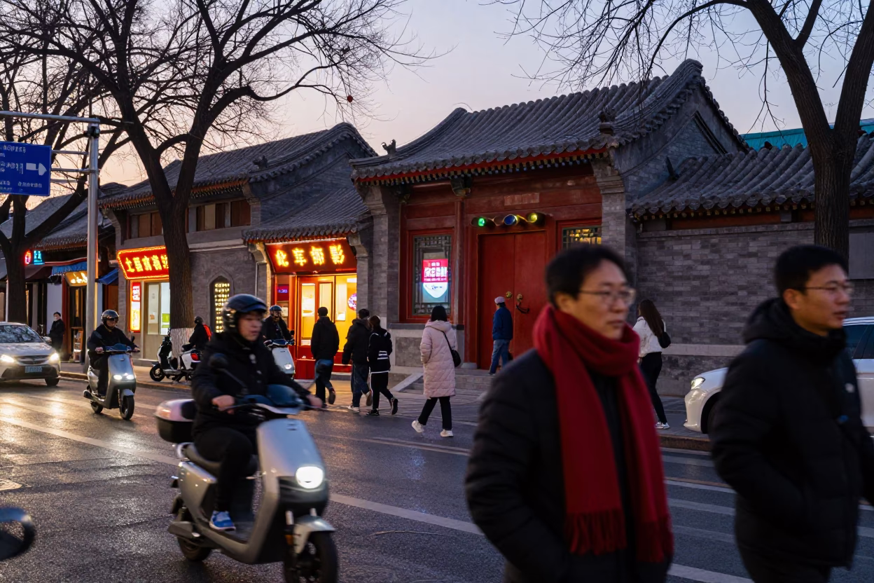 Beijing Twilight Street Scene with Wool Scarves and Neon Signage in in Beijing, China
