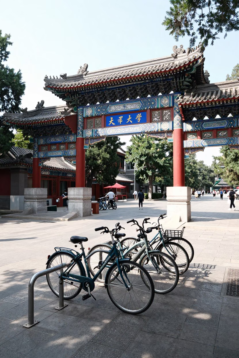 Beijing University Archway Framing Wet Campus Bicycle Rack Under Flat Noon Glare in in Beijing, China