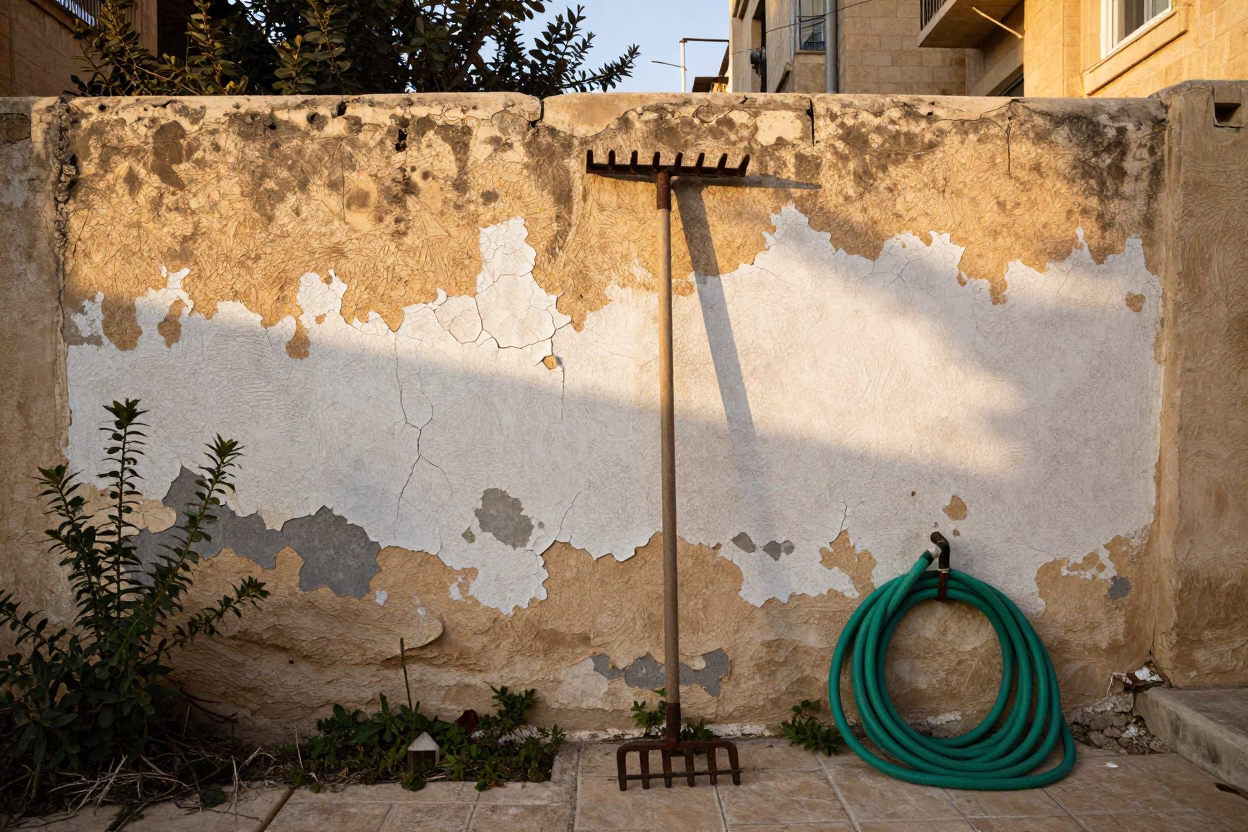 Beirut Backyard Stucco Wall with Cracked Paint and Garden Tools in in Beirut, Lebanon