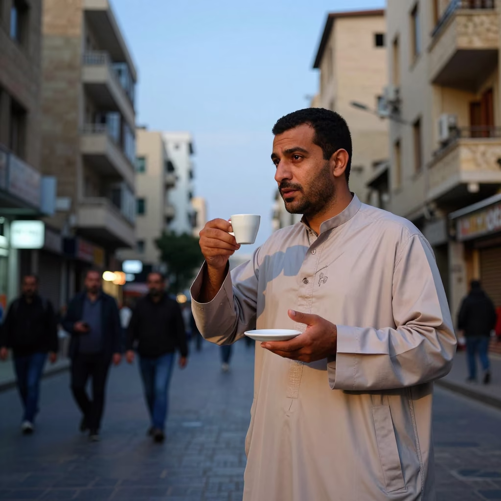 Beirut Blue Hour Street Scene with Espresso Cup and Urban Architecture in in Beirut, Lebanon