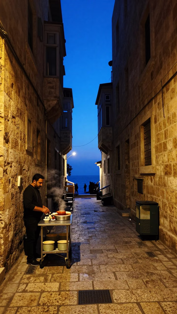 Beirut Blue Hour Street Scene with Steaming Genmaicha Tea and Kitchen Utensils in in Beirut, Lebanon