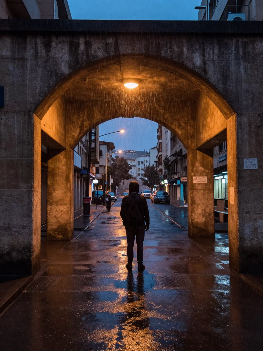 Busker Under Beirut Metro Drips in Indigo Light in outside a metro entrance in Beirut