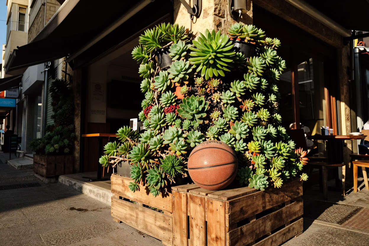 Beirut Cafe Exterior Living Wall Succulents Late Afternoon Street Scene in in Beirut, Lebanon