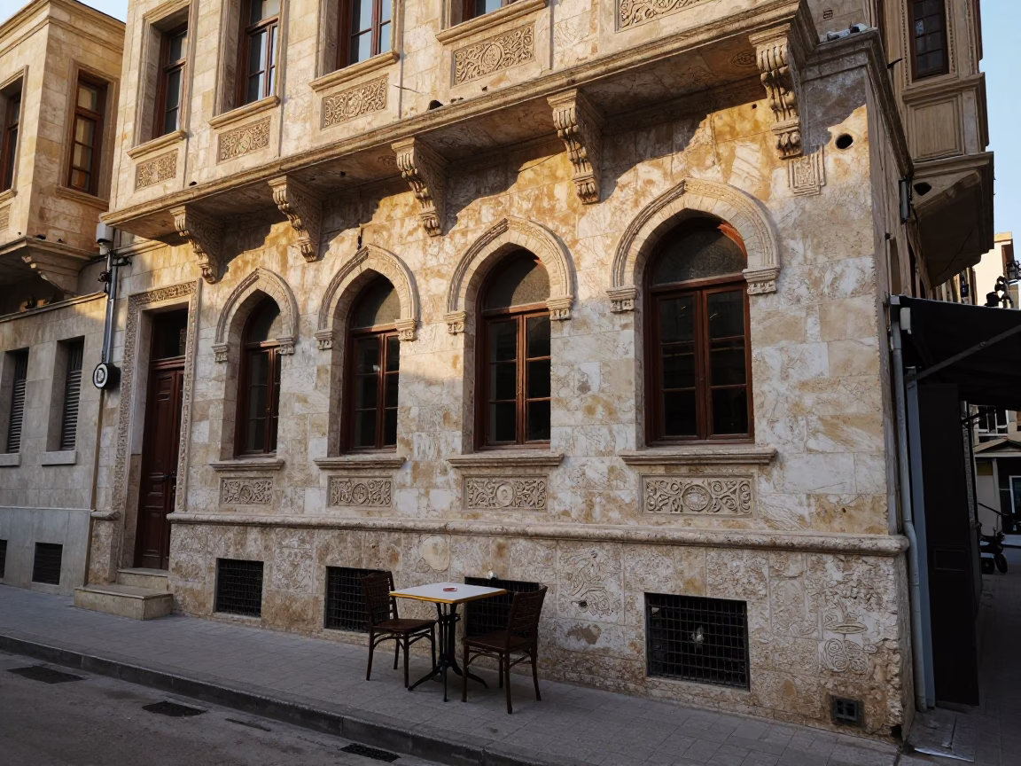 Beirut Cafe Street Scene at Golden Hour with Chai and Traditional Decor in in Beirut, Lebanon