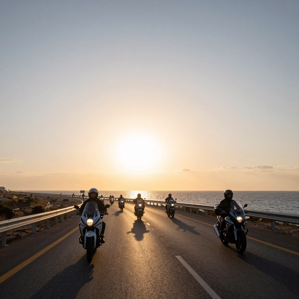 Beirut Coastal Highway Late Afternoon Motorcycle Convoy Sunset Landscape in in Beirut, Lebanon