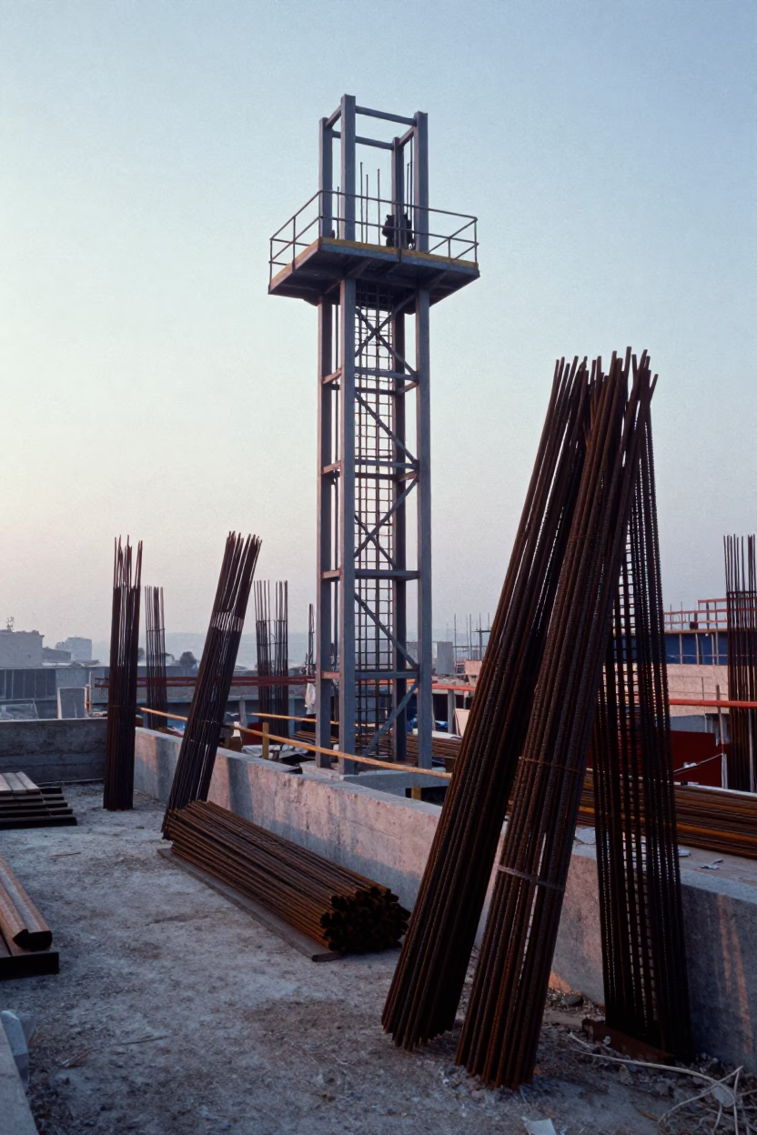 Beirut Construction Site at Nautical Dawn with Rebar Bundles and Urban Skyline in in Beirut, Lebanon