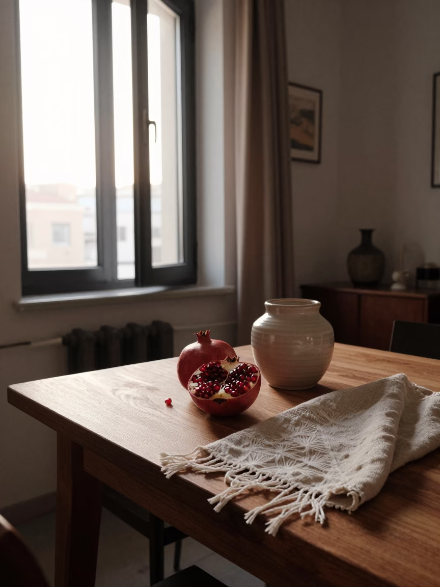 Beirut Dawn Interior with Pomegranate and Linen Fringe in in Beirut, Lebanon