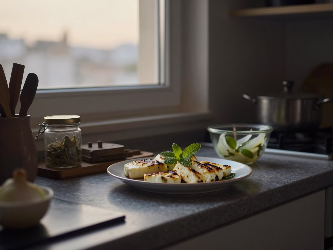 Beirut Dawn Kitchen Counter with Halloumi Mint Onions and Dusty Soap Case in in Beirut, Lebanon