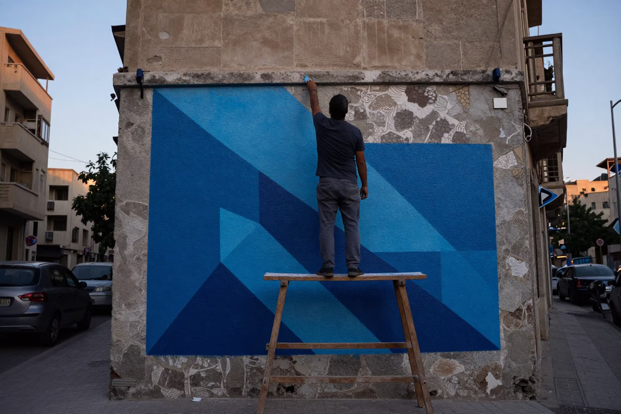 Beirut Dawn Street Scene with Artist Painting Mural Before Sunrise in in Beirut, Lebanon