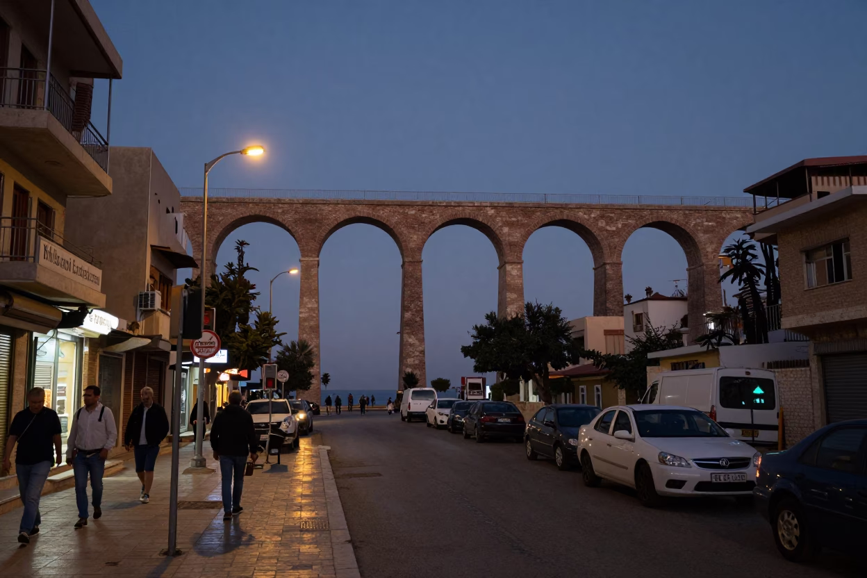 Beirut Dawn Street Scene with Brick Viaduct and Fisherman Before Sunrise in in Beirut, Lebanon