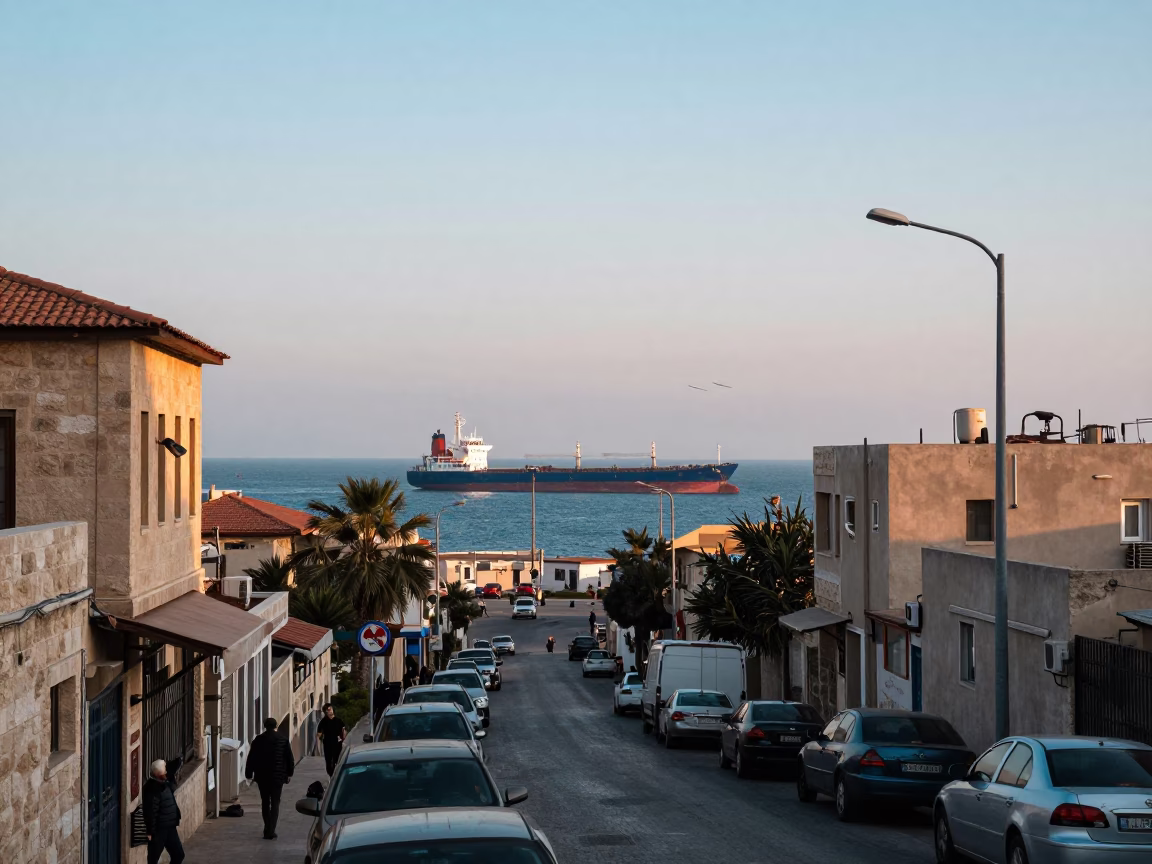 Beirut Dawn Street Scene with Cargo Ship and Traditional Dhow Silhouette in in Beirut, Lebanon