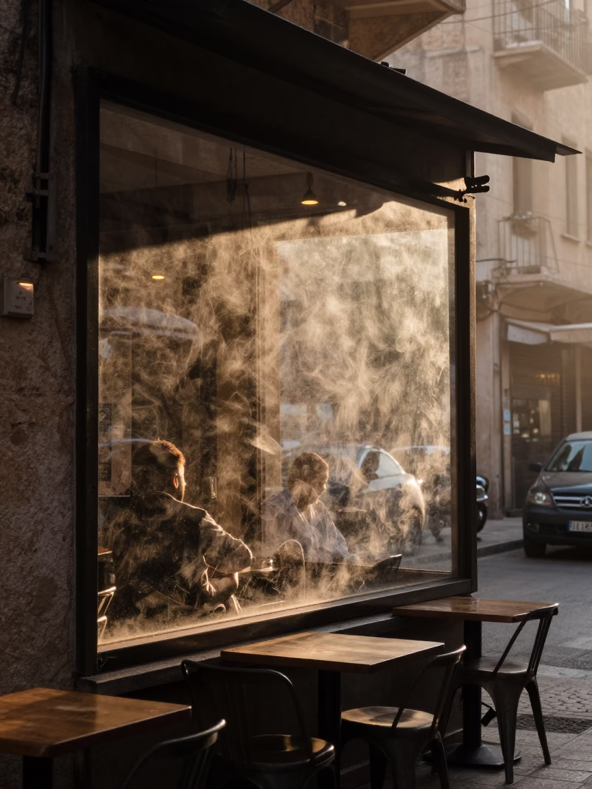 Beirut Dawn Street Scene with Dusty Window and Glass Tumblers in in Beirut, Lebanon