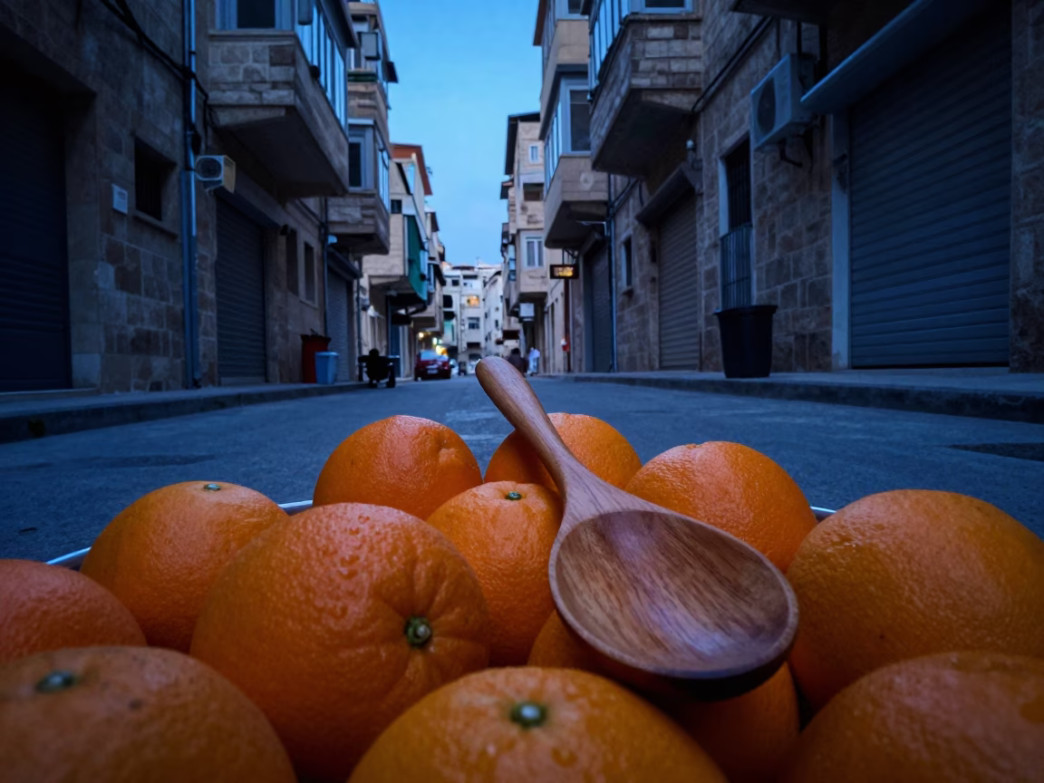 Beirut Dawn Street Scene with Olive Wood Spoon and Wet Flagstones in in Beirut, Lebanon