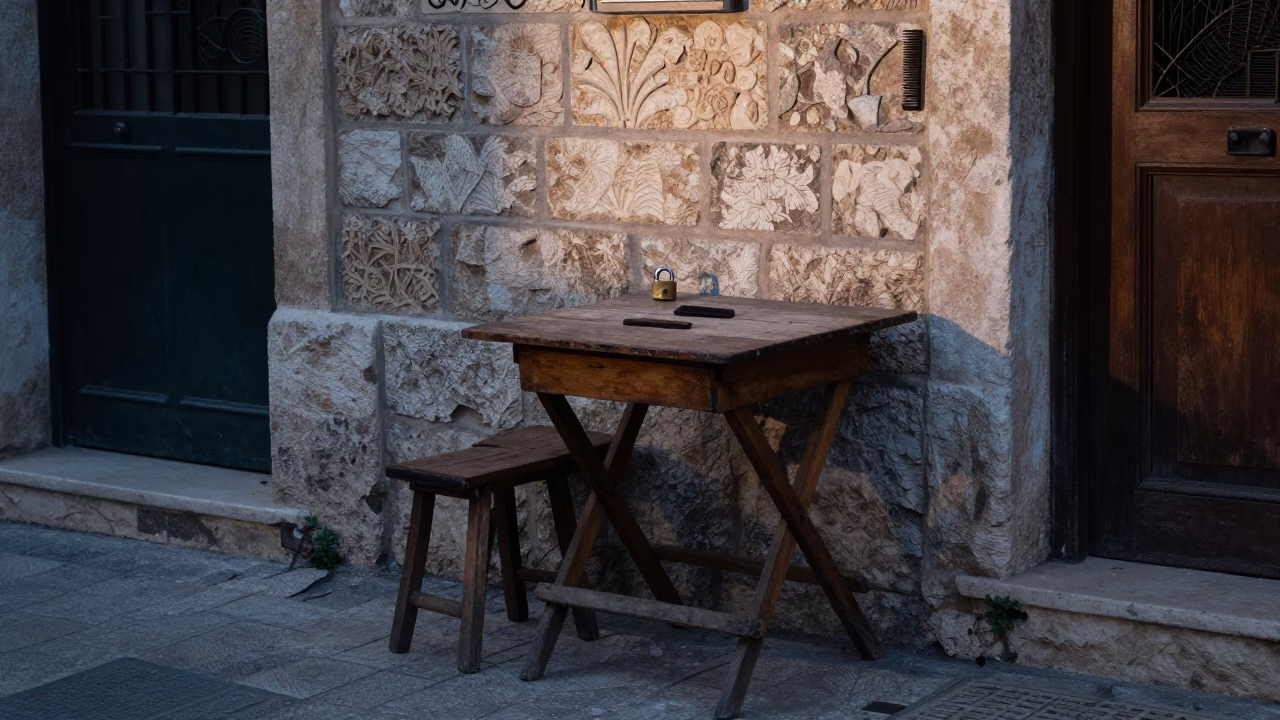 Beirut Dawn Street Scene with Padlock and Comb on Wooden Table in in Beirut, Lebanon
