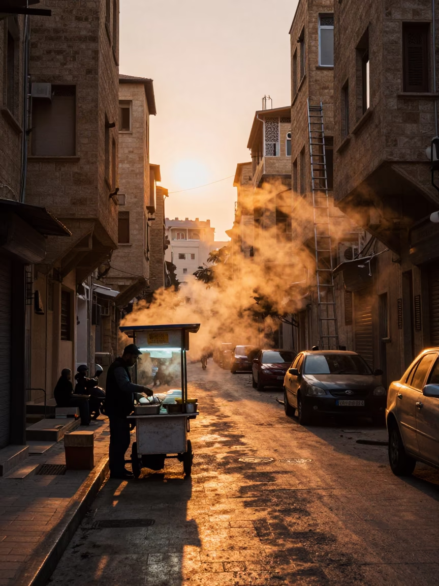 Beirut Dawn Street Scene with Steam Haze and Ladder-Back Chair in in Beirut, Lebanon
