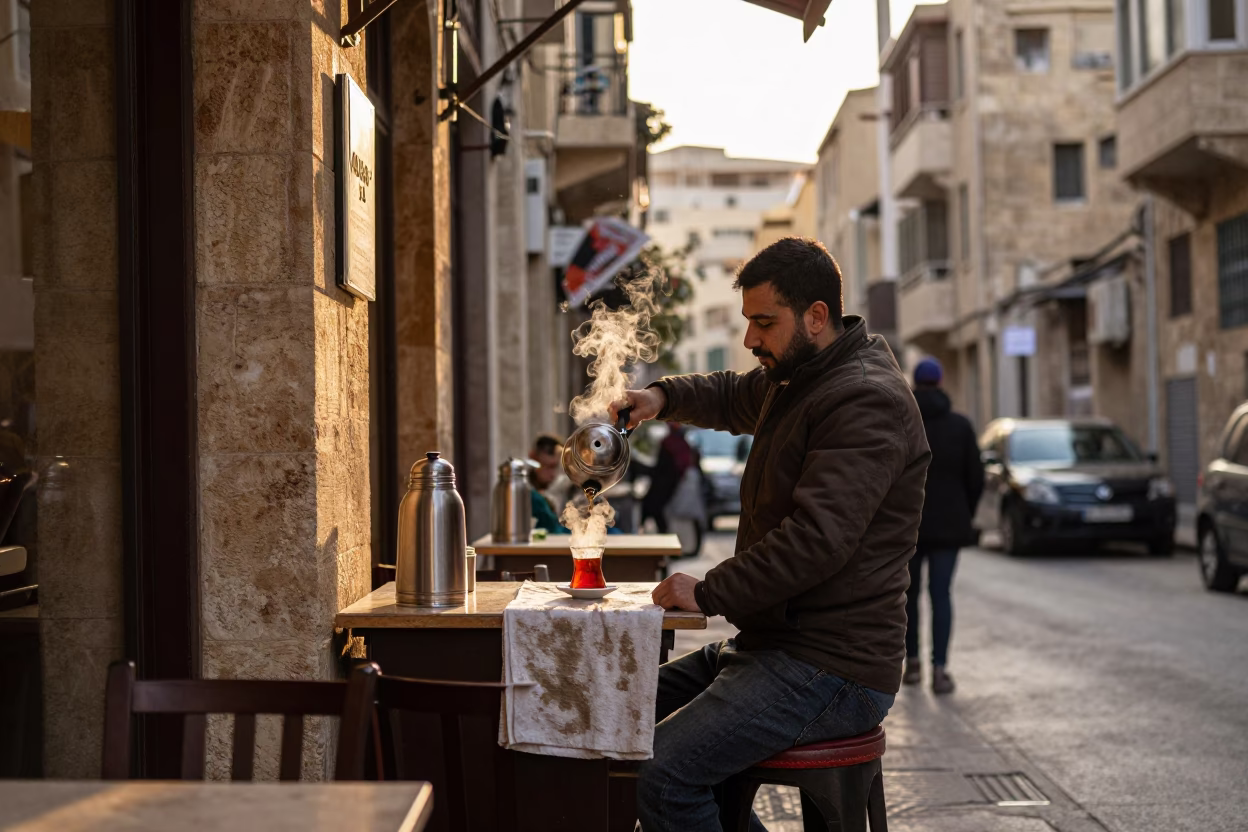 Beirut Dawn Street Scene with Thermos and Traditional Tea Towel in in Beirut, Lebanon