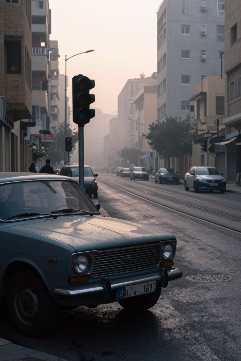 Beirut Dawn Street Scene with Vintage Car and Signal Gantry in Mist in in Beirut, Lebanon