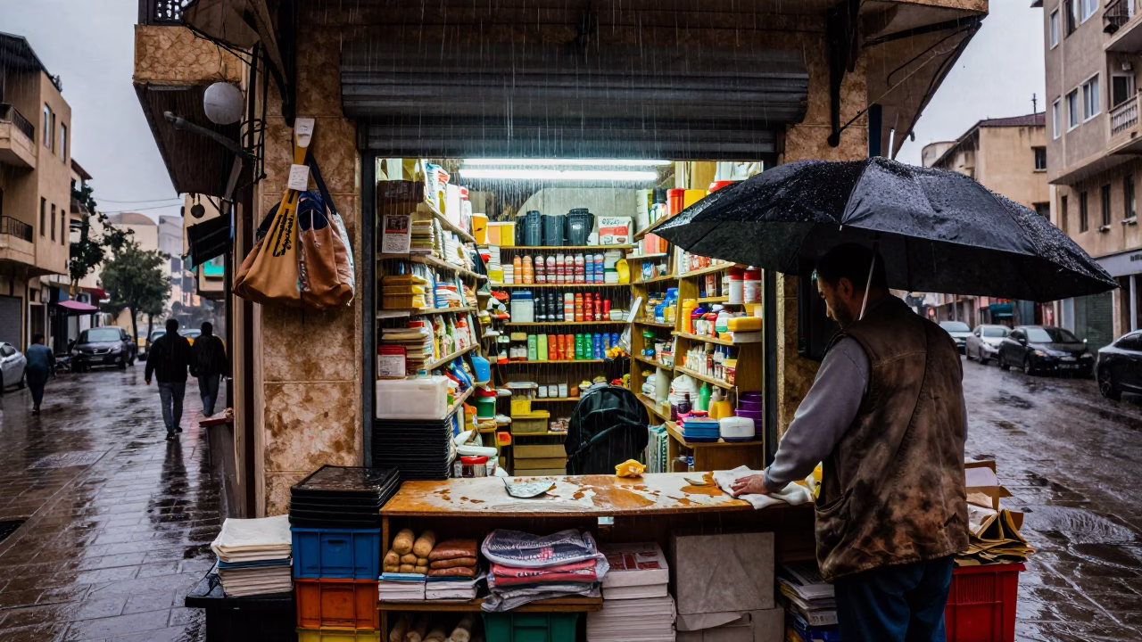 Beirut Dusk Light Rain Street Scene with Local Shopkeeper and Umbrella in in Beirut, Lebanon