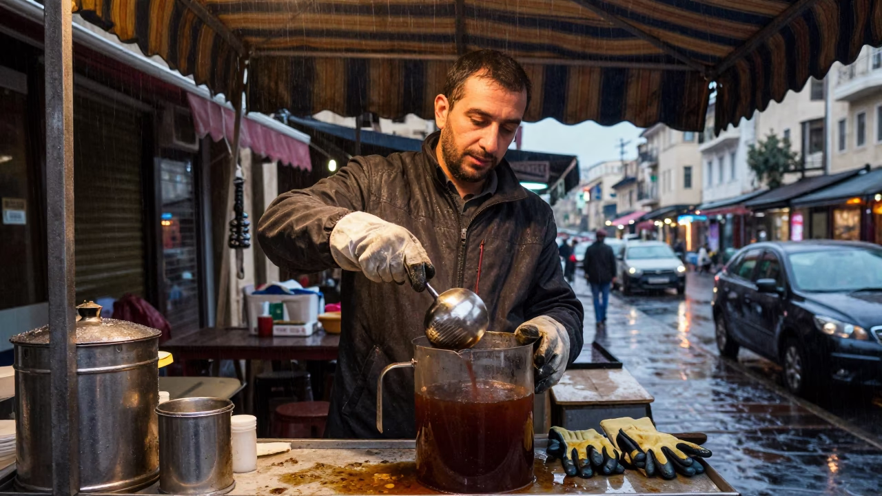 Beirut Dusk Light Rain Street Vendor Tea and Gloves in in Beirut, Lebanon