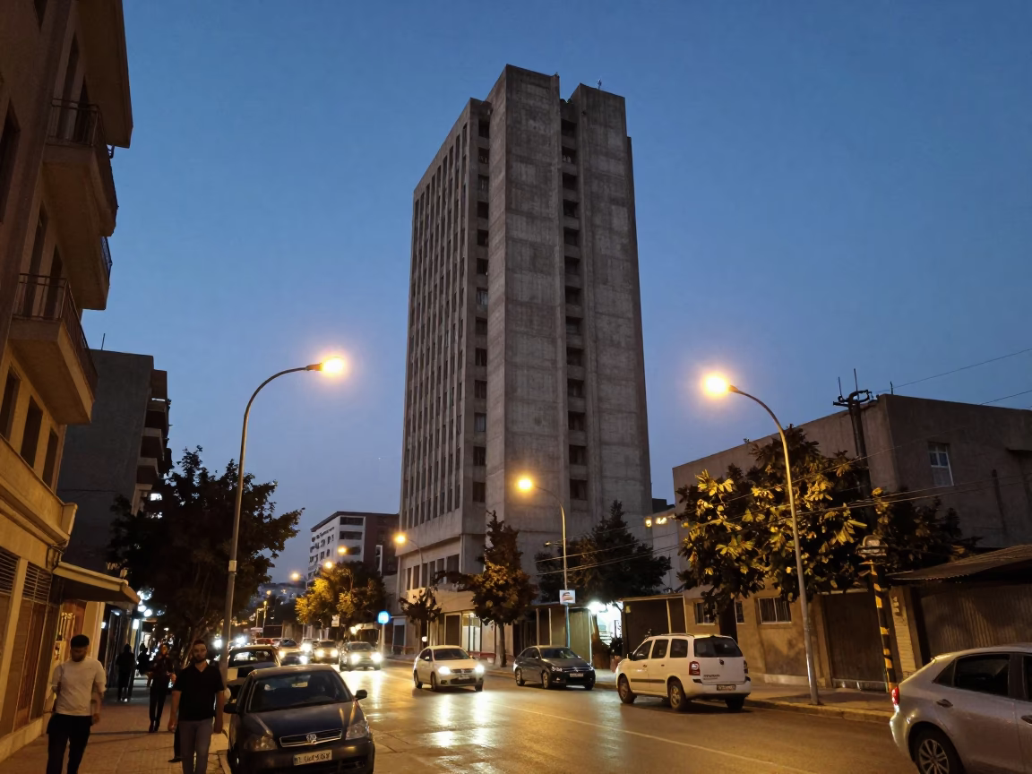 Beirut Dusk Street Scene with Brutalist Concrete University Tower and City Lights in in Beirut, Lebanon