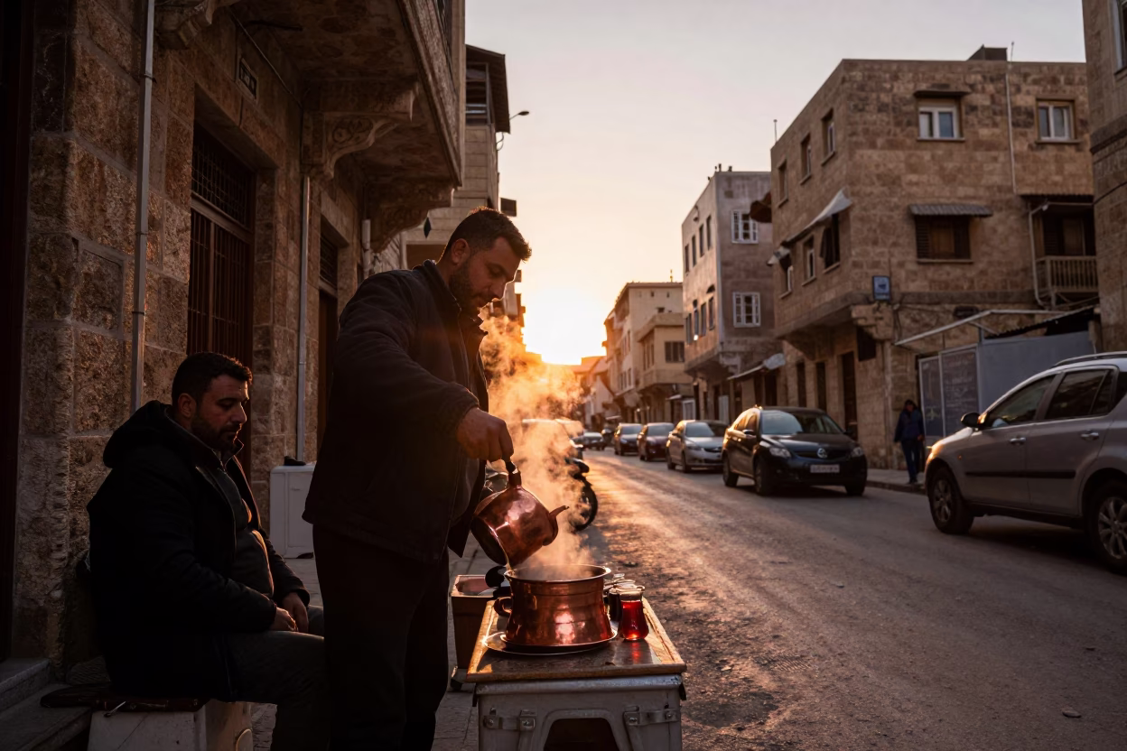 Beirut Dusk Street Scene with Copper Light and Traditional Tea Service in in Beirut, Lebanon